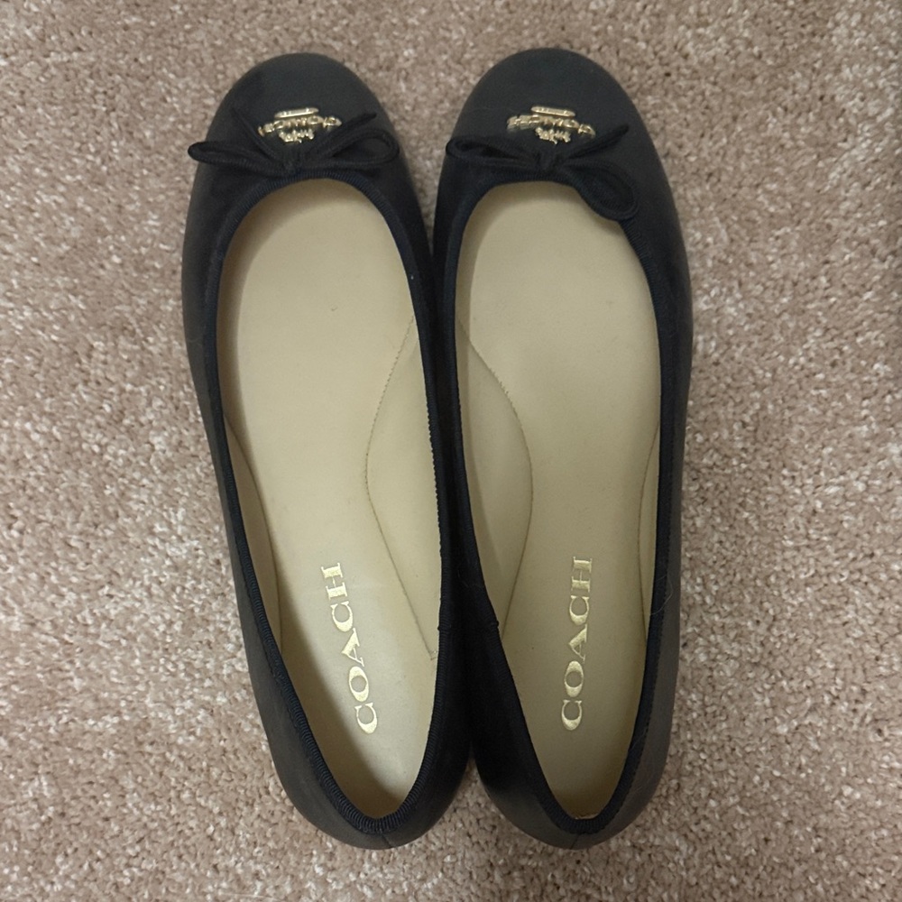Coach Black Leather Flats with Gold Logo
